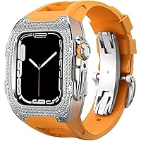 AEHON Luxury Diamond Stainless Steel Cover Case for Apple Watch 7/8 45 mm 44 mm with Fluororubber Strap Upgrade Alloy Zircon Bezel Modification Kit Elastic Band for iWatch 6 5 4 SE
