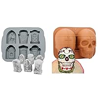 1P RIP Gravestone Mold and Skull Cake Mold Bundle for Baking Ice Candy Chocolate Halloween Party