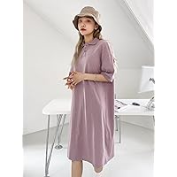 Women's Dress Solid Polo Neck Drop Shoulder Tee Dress Dresses for Women (Color : Purple, Size : Small)