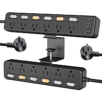 Black 2 in 1 Desktop Edge Power Strip 12AC Outlets with 30W 2 USB-C 2 USB-A Individual Switches,Removable Clamp Power Outlet Socket for Home Office