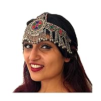 Turkman Ertuğrul Halime Sulṭān Tribal Head Band Cap with Hanging Ornaments Lapis Loud Bells Glass Stones and Pearls