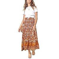 Women's Boho Floral Print Elastic High Waist Pleated A Line Maxi Skirt