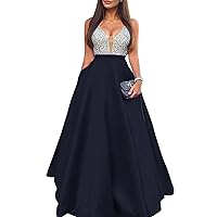 Long Beaded Evening Party Dress Sequins Deep V-Neck Crystals Formal Prom Gown