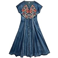 Women Long Mid-Calf Short Sleeve Denim Summer Dress Embroidery V-Neck Single Breasted Dress