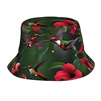 Hummingbirds Red Flower Hibiscus Print Bucket Hat Sun Caps Beach Fisherman Hats for Teens Women Men Kids Unisex Packable