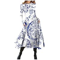 Dresses for Women 2024 Bohemian Floral Print Long Sleeve Dress Round Neck Summer Flowy Swing Shift Dress with Pocket