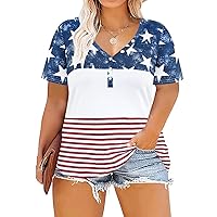 RITERA Plus Size Tops for Women V Neck Shirt Colorblock Star Print Stripe Tunic Casual Summer Flowy Tshirt Botton Down Blouses Star - Red Striped 2XL