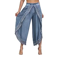 Casual Wide Leg Pants for Women Boho Crochet Tassel Beach Trousers Summer Linen Capris Elastic High Waist Side Split Pants
