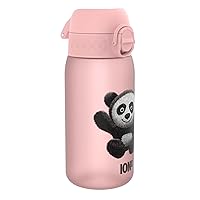Ion8 Kids Water Bottle, 350 ml/12 oz, Leak Proof, Easy to Open, Secure Lock, Dishwasher Safe, BPA Free, Carry Handle, Hygienic Flip Cover, Easy Clean, Odor Free, Carbon Neutral, Pink, Panda Design