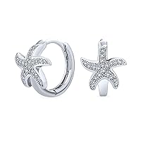 Vacation Beach CZ Nautical Charm Starfish Huggie Hoop Drop Dangle Stud Earrings Pendant For Women Teen Rose Gold Plated .925 Sterling Silver