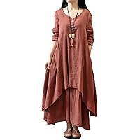 Mila Women Linen Dress Round Neck Loose Fit Midi Length Linen Dress with Short Sleeves Long Sleeves Dress