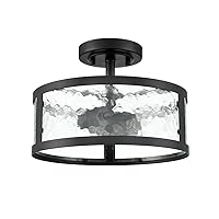 Farmhouse Semi Flush Mount Ceiling Light Black Light Fixtures Ceiling Mount 2-Light with Hammered Glass for Bedroom Kitchen Bathroom Entryway Proch