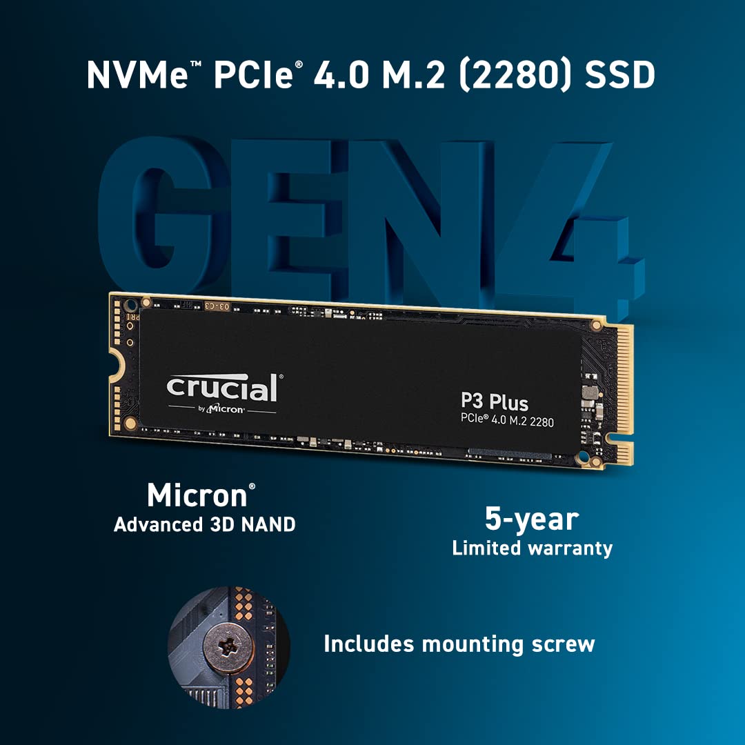 Crucial P3 Plus 1TB PCIe Gen4 3D NAND NVMe M.2 SSD, up to 5000MB/s - CT1000P3PSSD8