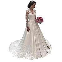 Women's Elegant Illusion Lace Wedding Dresses for Bride Long Sleeve Train A-Line Bridal Ball Gowns Plus Size