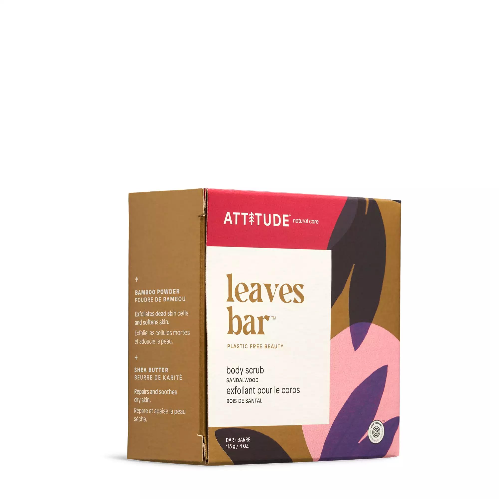 ATTITUDE Body Scrub Bar, Plant and Mineral-Based Ingredients, EWG Verified and Plastic-free Body Care, Vegan and Cruelty-free, Sandalwood, 4 Ounce