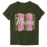 Women's Mama Letter T-Shirts Fashion Leopard Graphic Crewneck Blouse Summer Short Sleeve Mom Tops