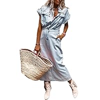 Women Vintage Long Denim Dress Short Sleeve Button Down Summer Shirt Maxi Jean Dress for Women