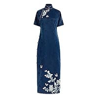 Women Cheongsam Silk Peony Butterfly Embroidered Mock Collar Short Sleeve Slim Blue Evening Long Dress 3611