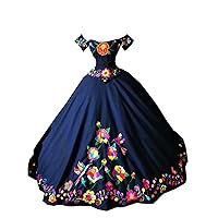 Printed Floral Flowers Vintage Ball Gown Quinceanera Sweet 15 Girls Dresses Satin with Sleeves Navy 24