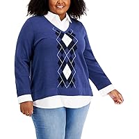 Tommy Hilfiger Women's Plus Layered Look Soft Polished Sweater, Denim Multi, 1X