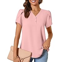 CATHY Womens Casual Summer Tops Dressy Petal Short Sleeve Chiffon Shirts Button Up V-Neck Tunic Blouses