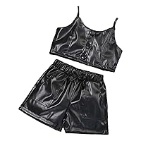 Kids Girls Stylish Leather 2Pcs Outfits Sleeveless Button Crop Tops with Baggy Shorts Set Summer Casual Clothes