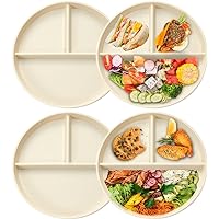 ArderLive Reusable Adults Portion Control Plates, 9 Inch (4 Pack) 3 Sections Round Divided Plates For Bariatric Diet Weight Loss Healthy Eating, Dishwasher & Microwave Safe (Beige x 4)