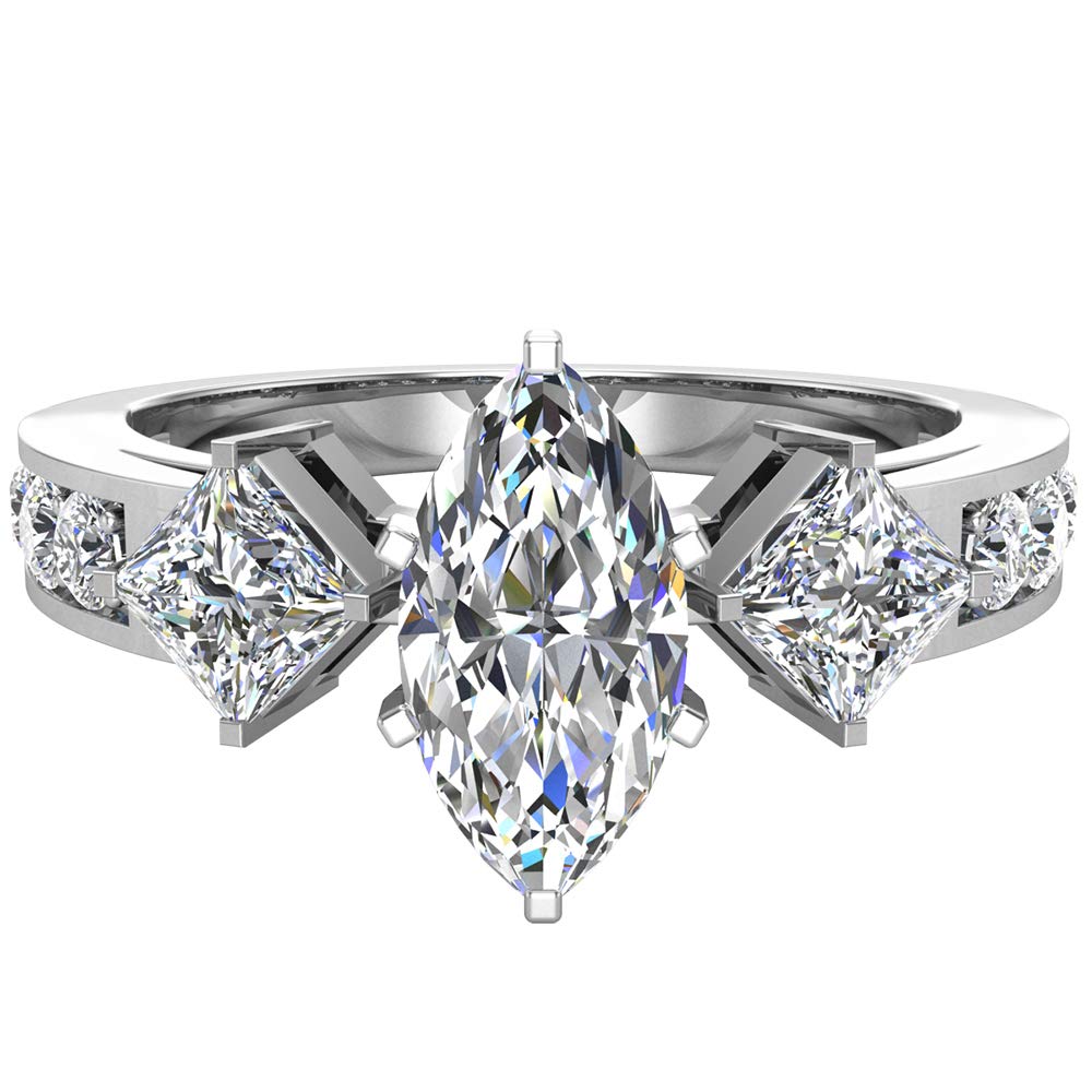 Three-stone Diamond Engagement Ring Marquise and Princess Cut Diamond Rings 14K Gold 1.40 carat