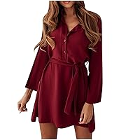 Women Long Sleeve Casual Dress, Button V Neck Tunic Dress Solid Elegant Dressy Short Dresses Trendy Sundress