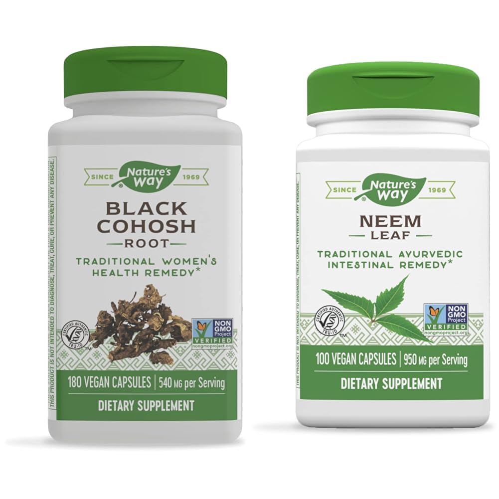 Nature's Way Black Cohosh Root, Traditional Support for Women's Health*, 540 mg, 180 Vegan Capsules & Herbal Neem Leaf, Traditional Ayurvedic Intestinal Remedy*, 100 Vegan Capsules