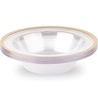 Blue Sky Contrast Soup Bowls 12oz - Elegant Clear Plastic with Gold Rim (10 Count) | Perfect Disposable Dinnerware for Parties & Events