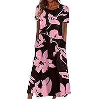 Summer Dresses for Women 2024 Boho Crewneck Babydoll Midi Dress Trendy Floral Short Sleeve Sundress with Pockets