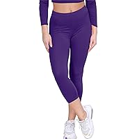 New Womens Plain Stretchy 3/4 Leggings Workout Tight Cropped Capri Active Pants Purple