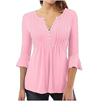 3/4 Sleeve Shirts for Women Bell V Neck Graphic T Shirts Button Pleated Boho Tops Elegant Solid Color Vintage Blouses