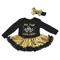 Petitebella My 1st New Year 2019 Black L/s Bodysuit Tutu Baby Dress Nb-18m