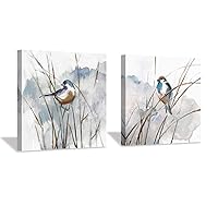 Abstract Picture Bird Wall Art: Animal Birds on Reed Watercolor Artwork Prints on Canvas for Bedroom (12” x 12” x 2 Panels)