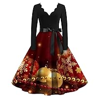 Christmas Dresses for Women Ugly Snowflake Printed Vintage Wrap A Line Cocktail Dress Sexy Long Sleeve V-Neck Maxi Dress