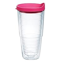Tervis Clear & Colorful Lidded Made in USA Double Walled Insulated Tumbler Travel Cup Keeps Drinks Cold & Hot, 24oz, Fuchsia Lid