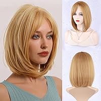 MORICA Strawberry Blonde Bob Wig with Bangs Short Hair Wig for Women Blonde Wig Straight Hair Bob Wig Synthetic Heat Resistant 14 Inch Party Daily Work Dating Wear Lady Wig