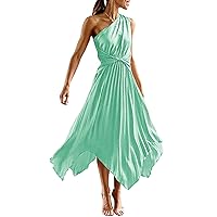 Women’s Long Satin Pleated Dress One Shoulder Sleeveless Flowy Ruched Dresses 2023 Summer Cocktail Party Dress