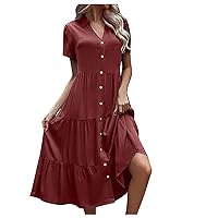 Women's Button Maxi Dress 2024 Summer Casual Short Sleeve Dresses Flowy A Line Long Dress V Neck Ruffle Sundress