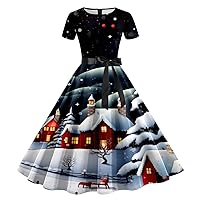 Black Midi Dress,Women Easter Print Short Sleeve 1950s Housewife Evening Party Prom Dress Dress for Women Sweet