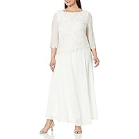 J Kara Women's Plus Size 3/4 Sleeve Long Beaded Floral Design Dress