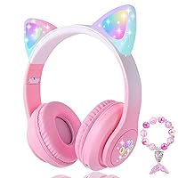 Cat Ear Kids Headphones Bluetooth, LED Light up Wireless/Wired Mode Over Ear Headphones with Build in Microphone for School/Travel (Pink)