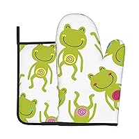 Cartoon Frog Print Oven Mitts and Pot Holders 2 Pcs Set,High Heat Resistant Gloves for BBQ,Baking,Cooking,Oven
