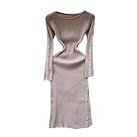 Button Slit Ribbed Midi Dress Women's Elastic Waist Long Sleeve O Neck Retro Casual Slim Fit Knitted Winter Dress