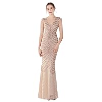 Women's Mermaid Prom Dress Long V Neck Cap Sleeves Sequins Formal Evening Party Cocktail Gown