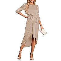 Pink Queen Wedding Guest Dresses for Women Dressy Satin Round Neck 3/4 Sleeve Bodycon Party Cocktail Dress Khaki S