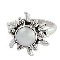 NOVICA Artisan Handmade Cultured Freshwater Pearl Cocktail Ring .925 Sterling Silver White India Birthstone Sun 'Quiet Sun'