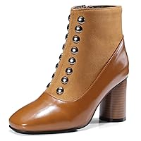 Women Rivet Round Toe Fashion Dress Ankle Boot Side Zipper Chunky Heel Bootie